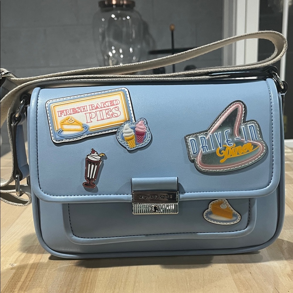 Michael Kors Light Blue Crossbody Bag with Fun Patches Bradshaw messenger new wi